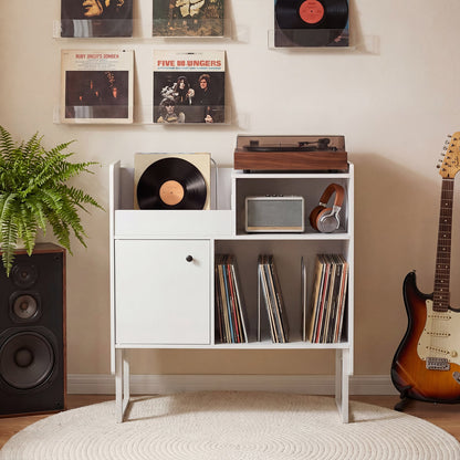 Record Player Stand with Power Outlets and Open Shelf-White
