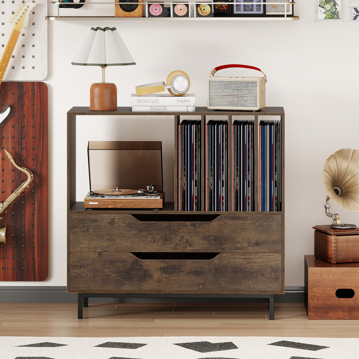 Record Player Stand Mid Century Turntable Stand with Open Compartment-Brown