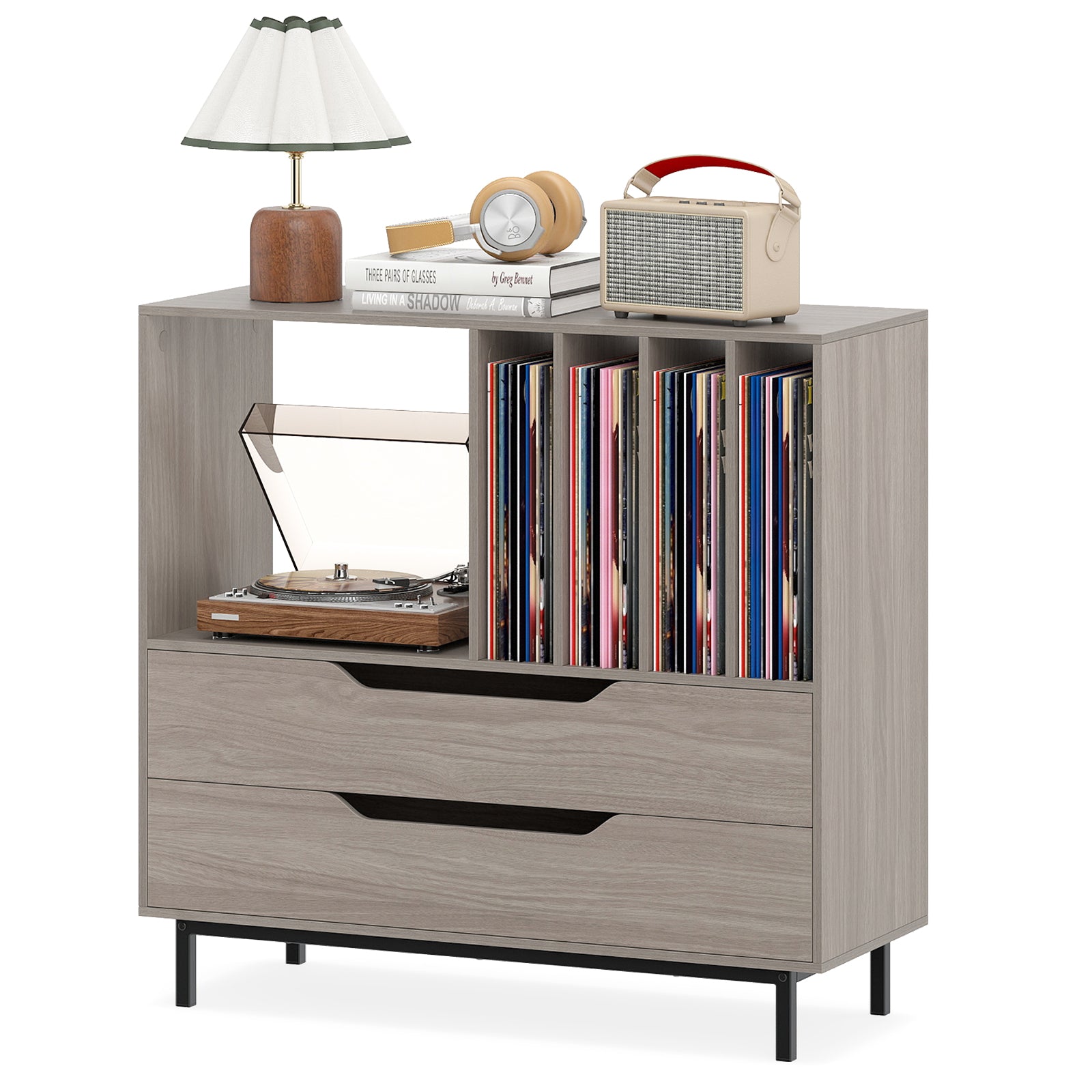 Record Player Stand Mid Century Turntable Stand with Open Compartment-Grey