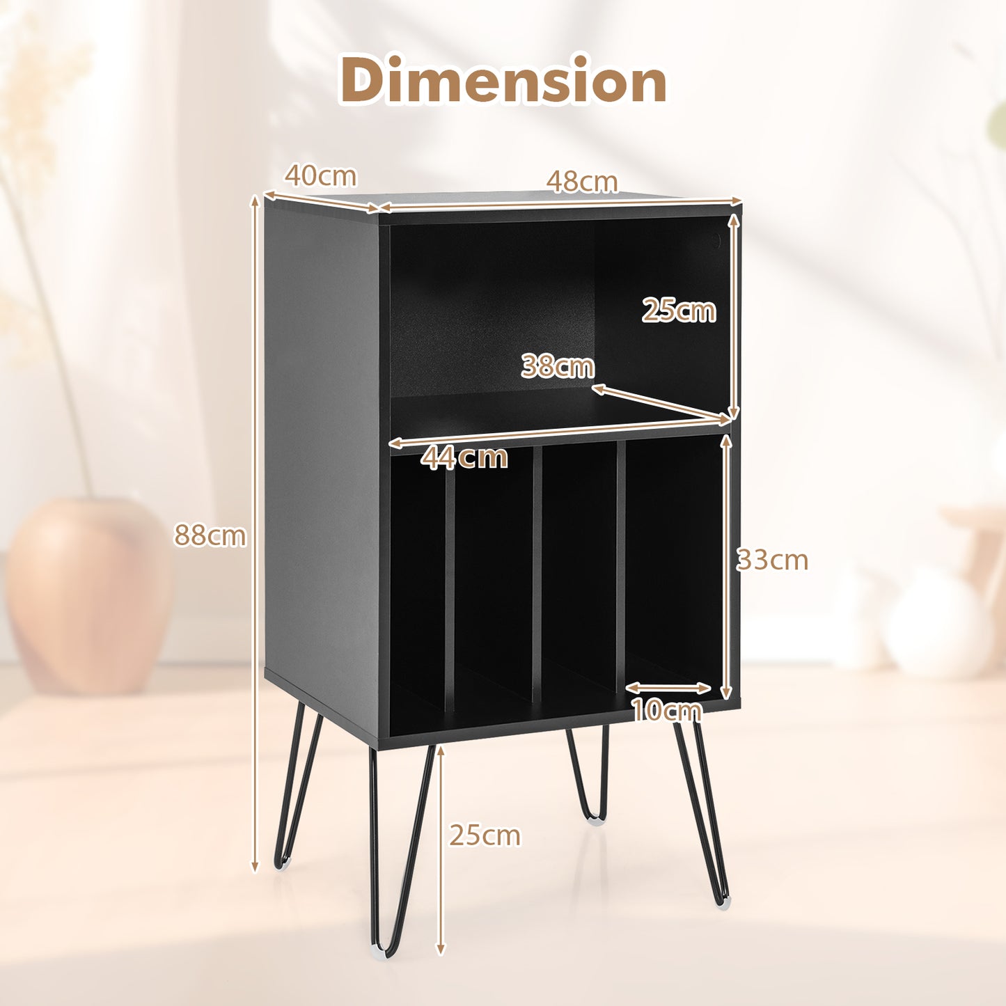Record Player Stand 3-Tier Turntable Stand with Charging Station Vinyl Record Storage Table-Black