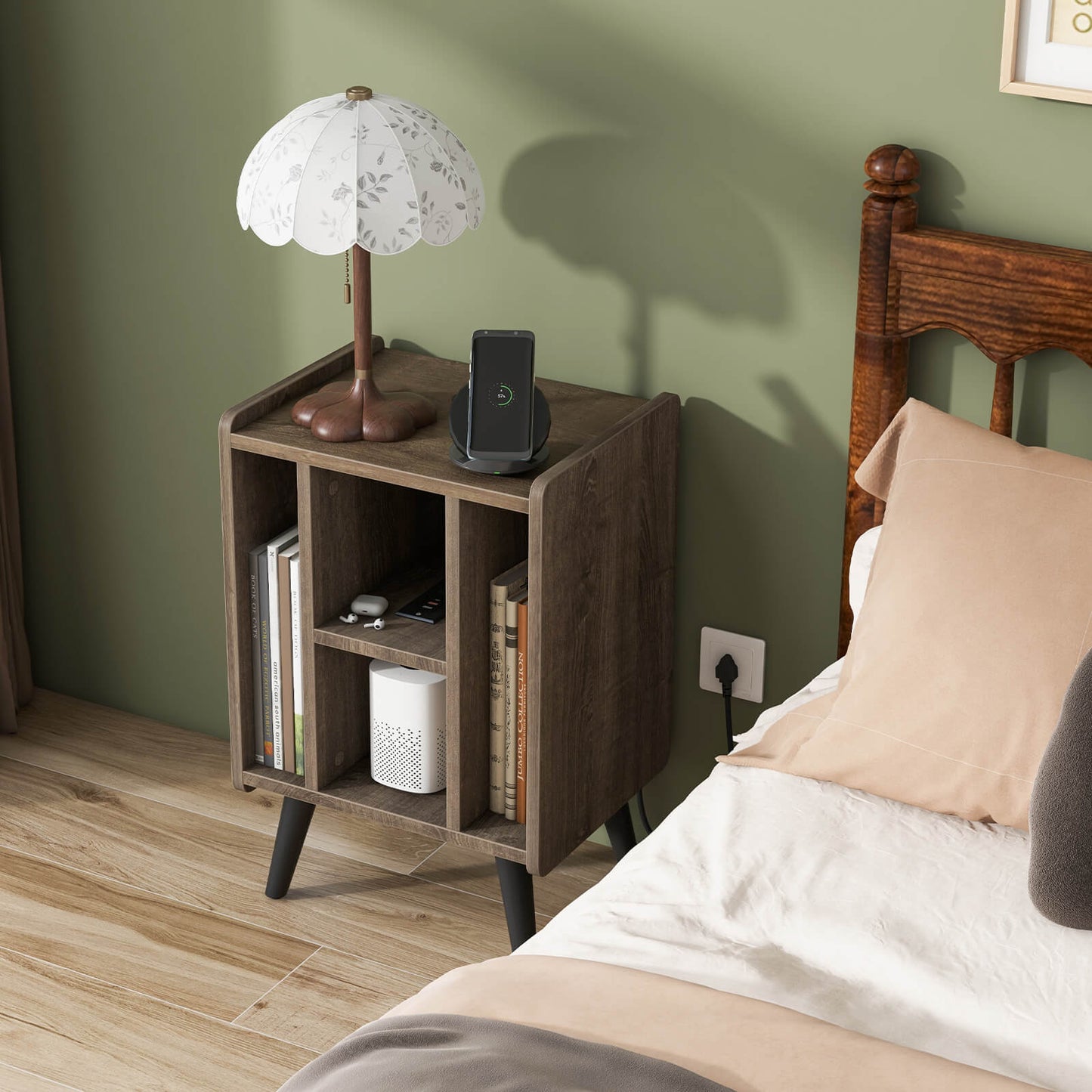 Record Player Stand with 4 Open Shelves Power Outlet USB Charging Port-Oak