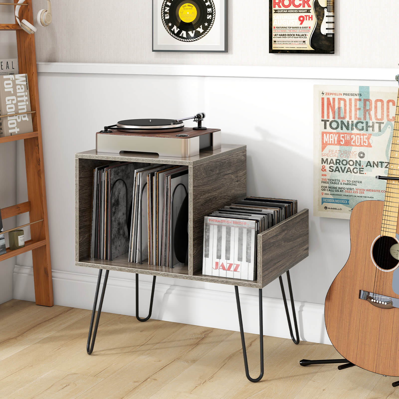 Record Player Stand with Power Outlet and Removable Dividers-Grey