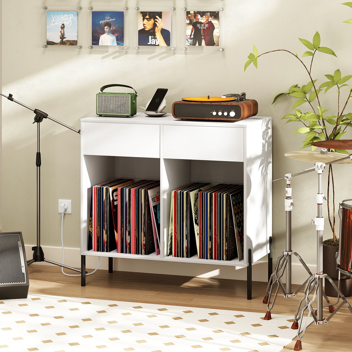 Record Player Stand with Power Outlets and Drawers for Living Room-White