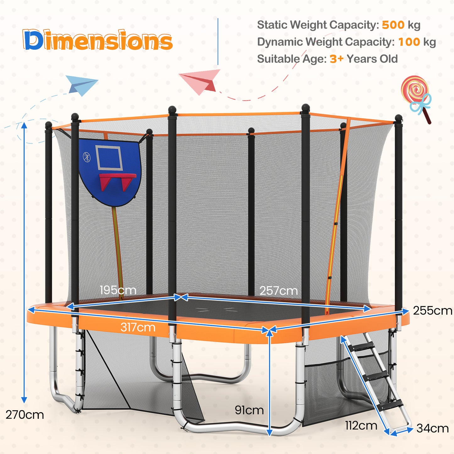 Rectangle Outdoor Trampoline 317 x 255 cm Backyard Trampoline-Orange