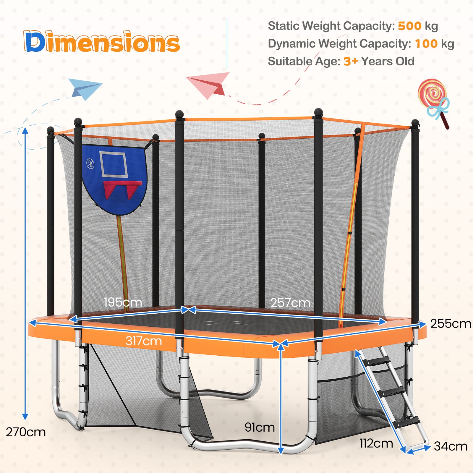 Rectangle Outdoor Trampoline 317 x 255 cm Backyard Trampoline-Orange