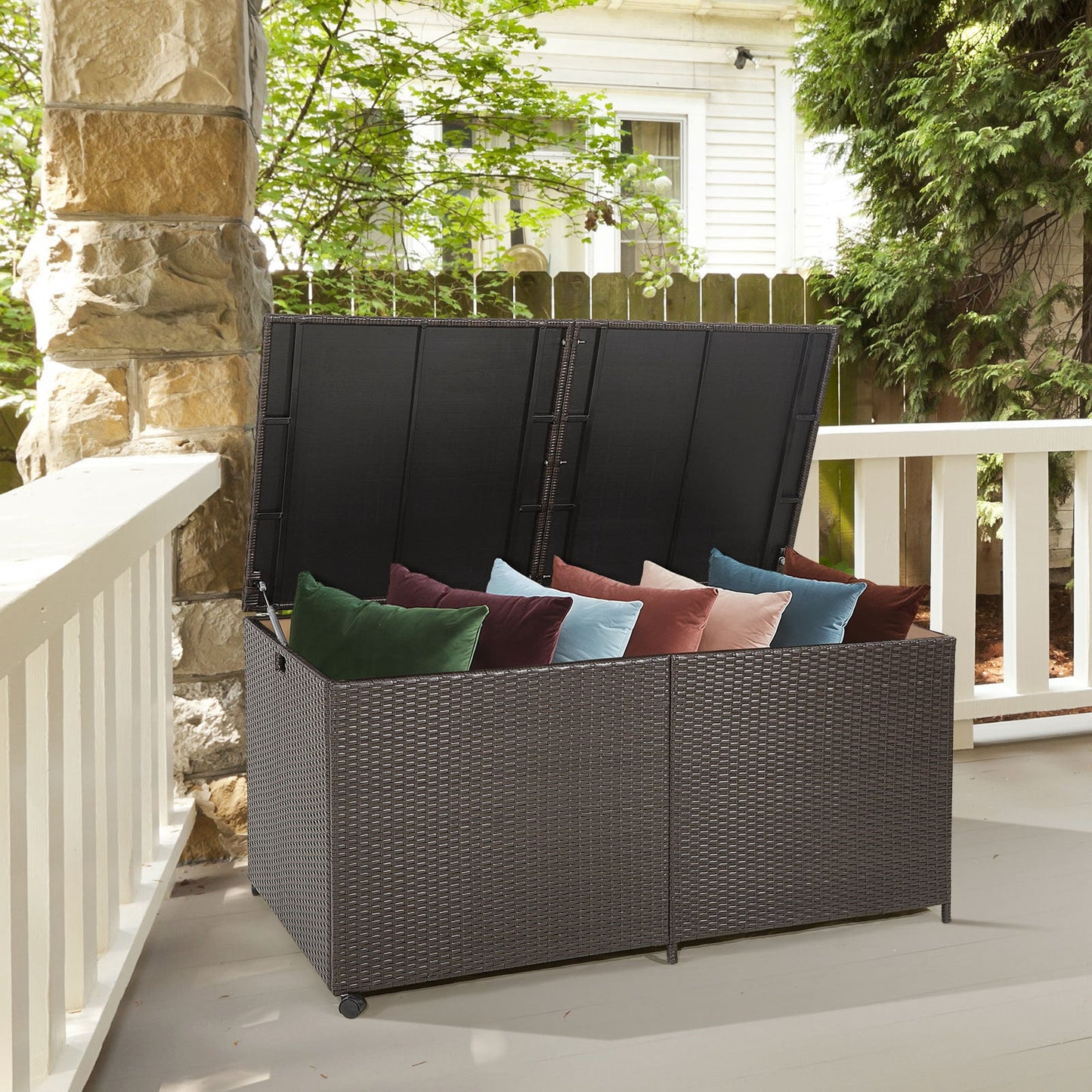 Rectangular PE Wicker Deck Box with Wheels and Zippered Liner for Outdoor-Brown
