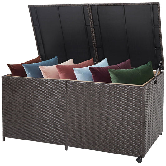 Rectangular PE Wicker Deck Box with Wheels and Zippered Liner for Outdoor-Brown