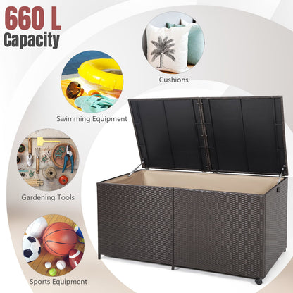 Rectangular PE Wicker Deck Box with Wheels and Zippered Liner for Outdoor-Brown