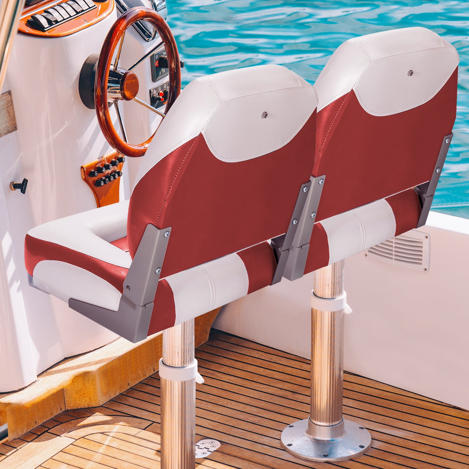 2 Pieces Folding Low-Back Boat Chair Set with Long Fixation Strap-Red
