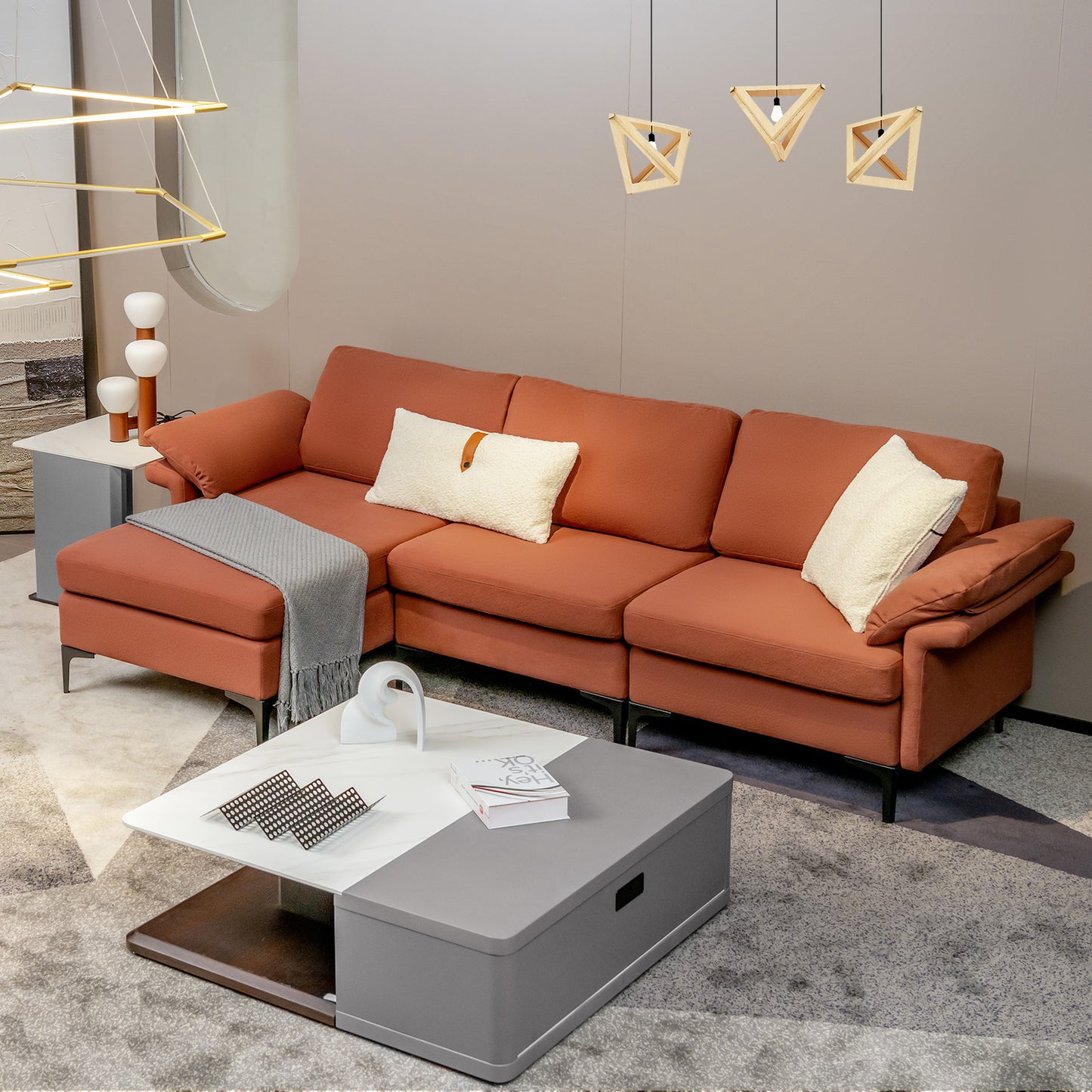L-shaped 3-Seat Upholstered Sectional Sofa-Red