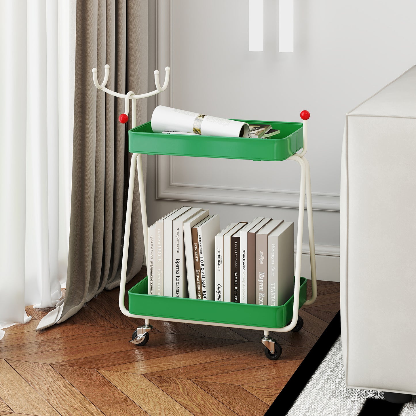 Reindeer Side Table 2-Tier Christmas Rolling Cart with Metal Frame and Wheels-Green