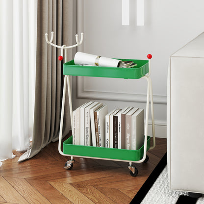 Reindeer Side Table 2-Tier Christmas Rolling Cart with Metal Frame and Wheels-Green
