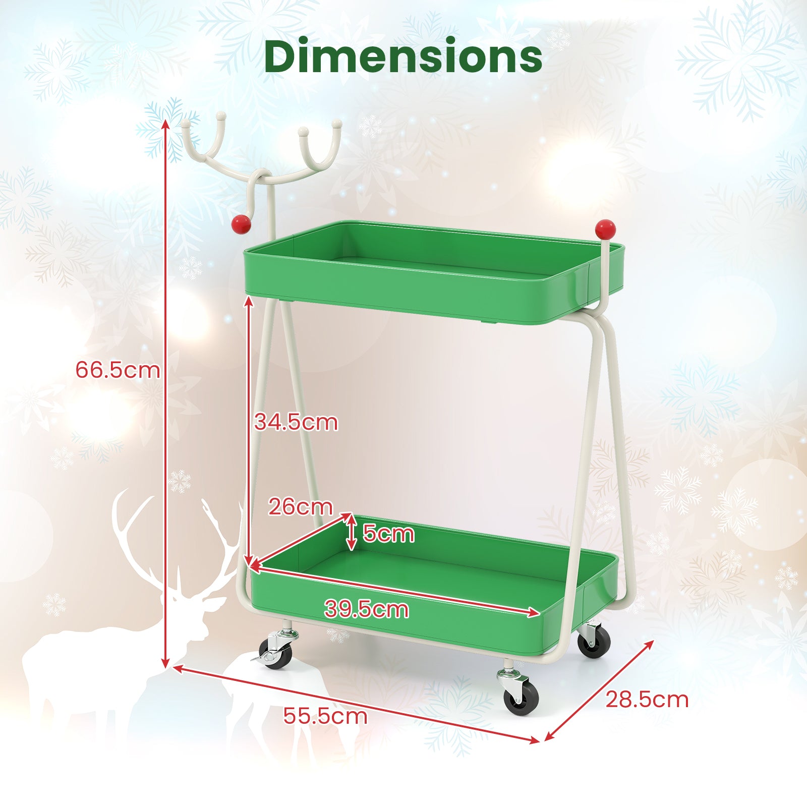 Reindeer Side Table 2-Tier Christmas Rolling Cart with Metal Frame and Wheels-Green