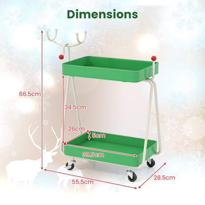 Reindeer Side Table 2-Tier Christmas Rolling Cart with Metal Frame and Wheels-Green