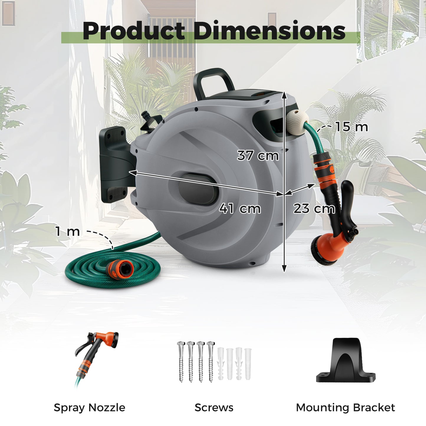 Retractable Garden Hose Reel 1.5 cm x 15 m Heavy Duty Wall Mount Hose Reel-Grey