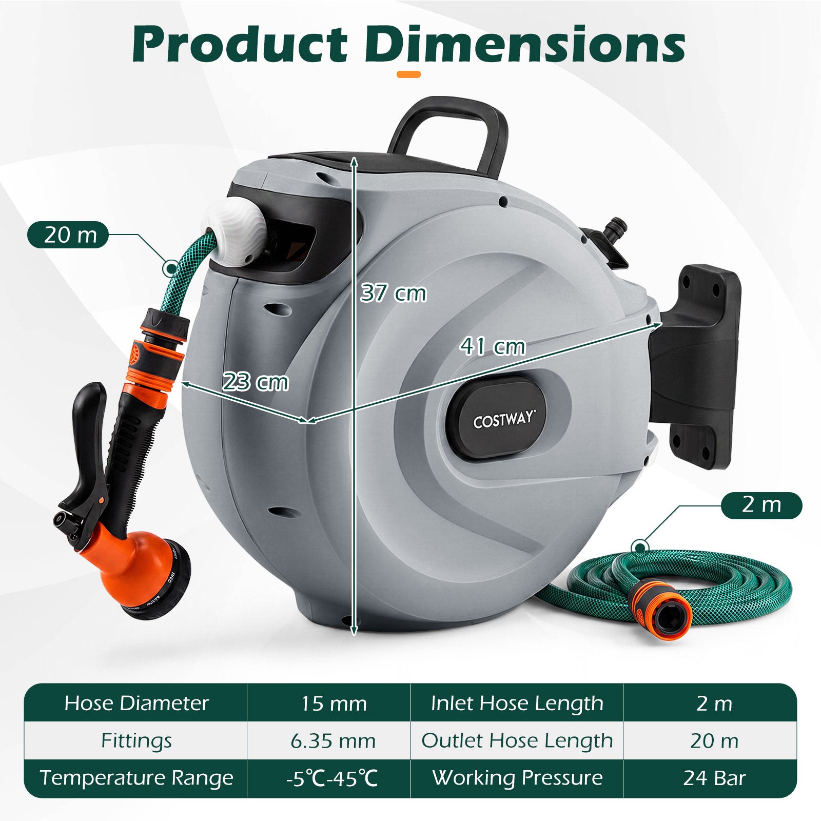 Retractable Garden Hose Reel 1.5 cm x 20 m Heavy Duty Wall Mount Hose Reel-Grey