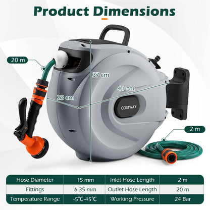 Retractable Garden Hose Reel 1.5 cm x 20 m Heavy Duty Wall Mount Hose Reel-Grey