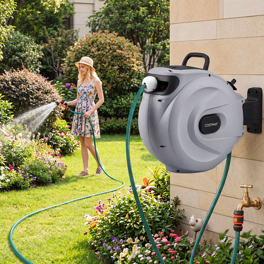 Retractable Garden Hose Reel 1.5 cm x 30 m Heavy Duty Wall Mount Hose Reel-Grey