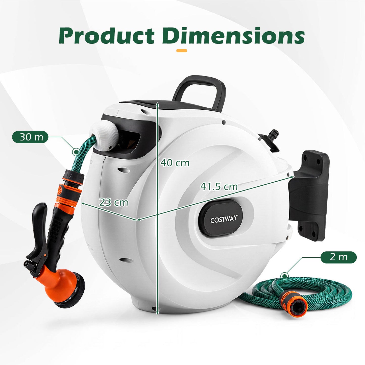 Retractable Garden Hose Reel 1.5 cm x 30 m Heavy Duty Wall Mount Hose Reel-White