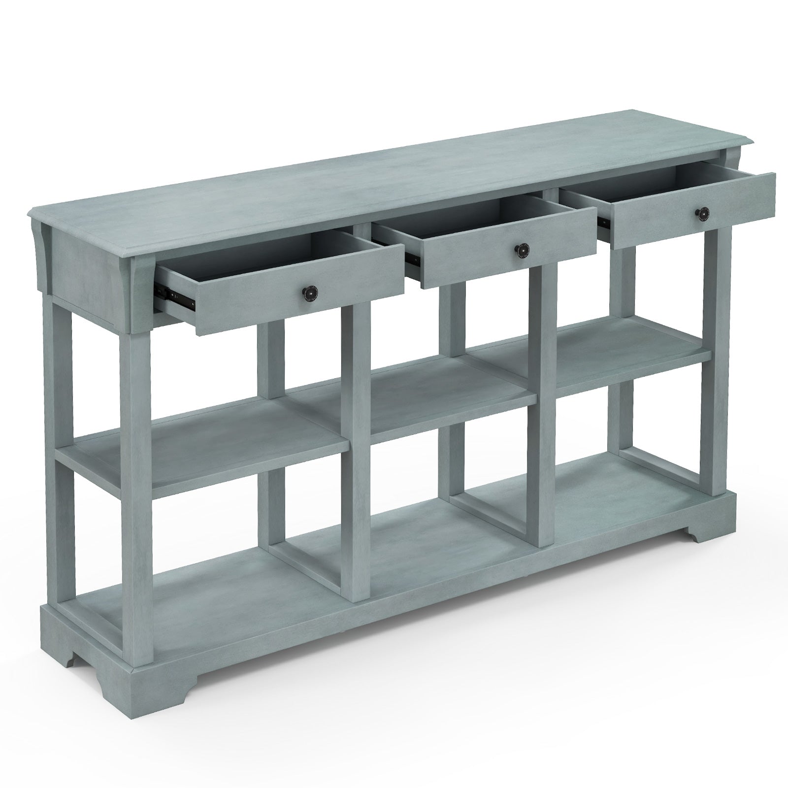 Retro Console Table with 3 Drawers and Open Shelves-Blue