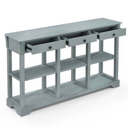 Retro Console Table with 3 Drawers and Open Shelves-Blue