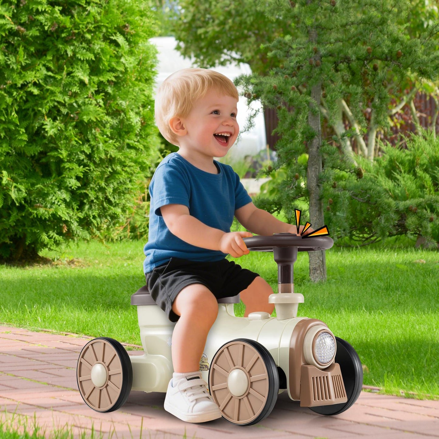 Ride on Push Car Train with Sound Button and Storage Compartment-Beige