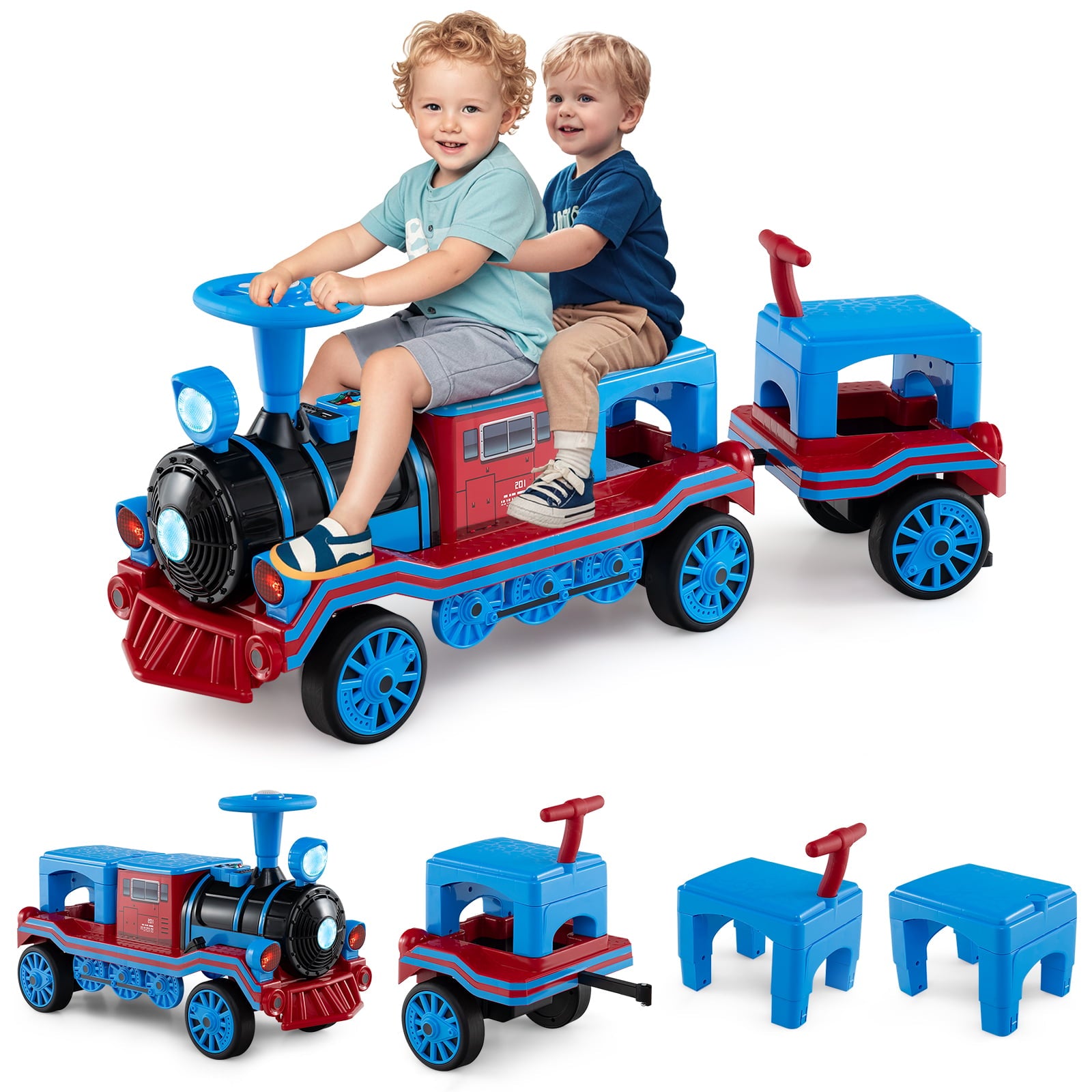 3-Seater 12V Ride on Train Set Trackless with 2 Removable Chairs-Blue