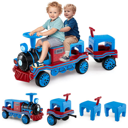 3-Seater 12V Ride on Train Set Trackless with 2 Removable Chairs-Blue