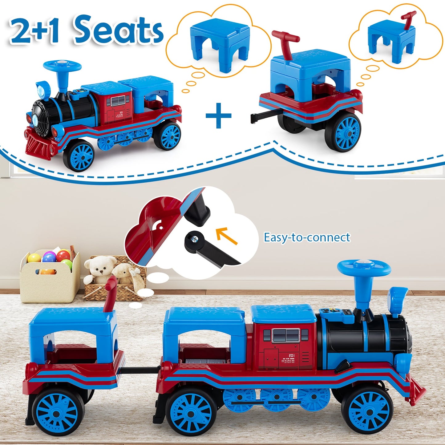 3-Seater 12V Ride on Train Set Trackless with 2 Removable Chairs-Blue