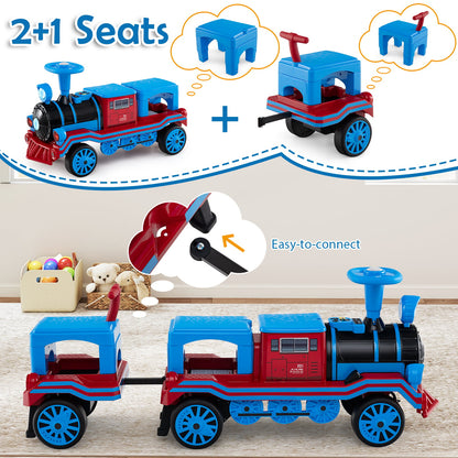 3-Seater 12V Ride on Train Set Trackless with 2 Removable Chairs-Blue