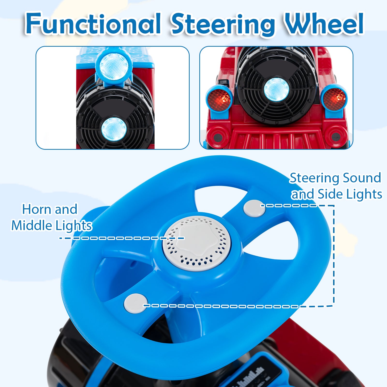 3-Seater 12V Ride on Train Set Trackless with 2 Removable Chairs-Blue