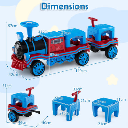 3-Seater 12V Ride on Train Set Trackless with 2 Removable Chairs-Blue