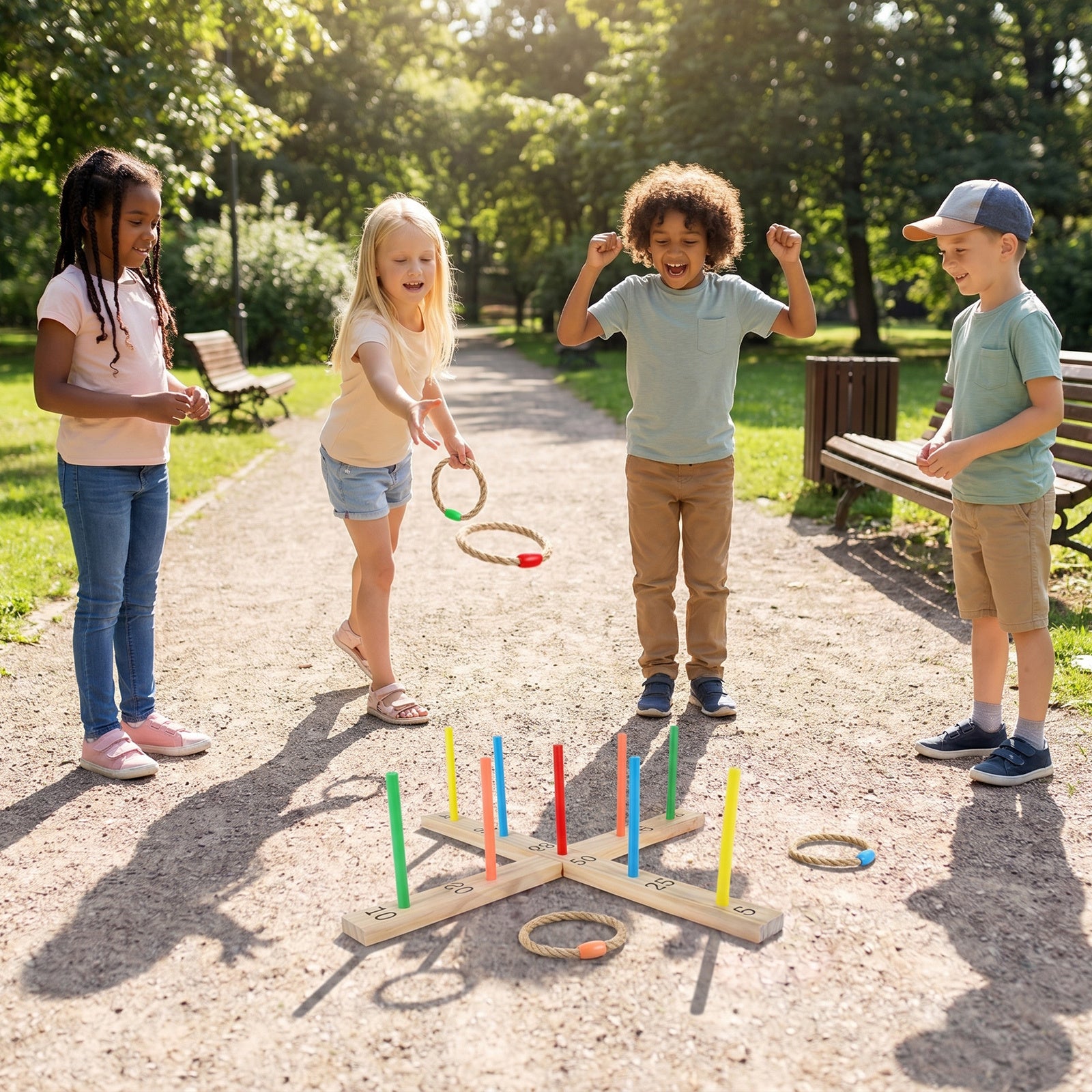 Ring Toss Game for Kids and Adults Outdoor Yard Game with 5 Rope Rings-Colourful