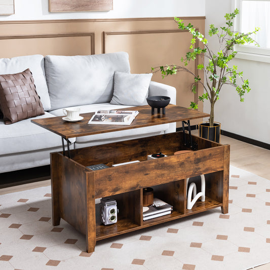 Rising Center Table with Lift Top Hidden Compartment-Rustic Brown