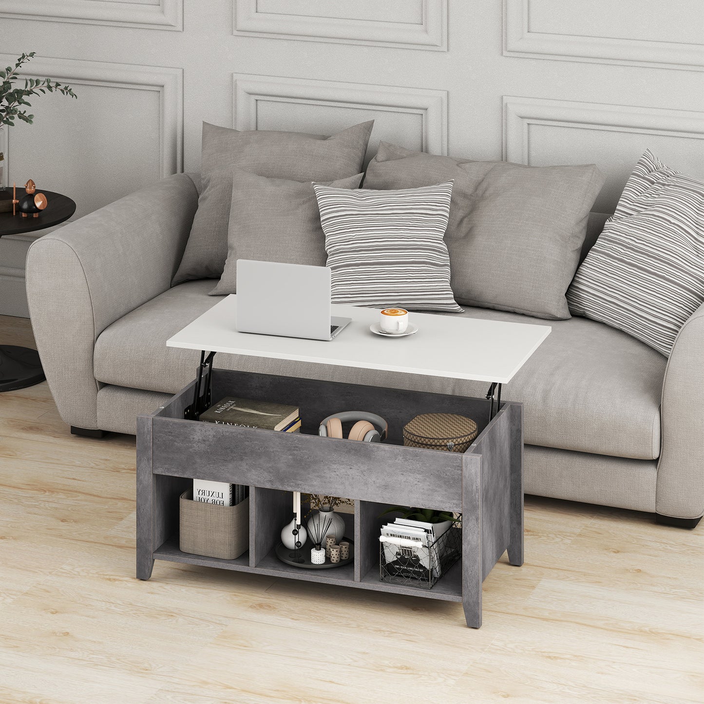 Rising Center Table with Lift Top Hidden Compartment-Grey