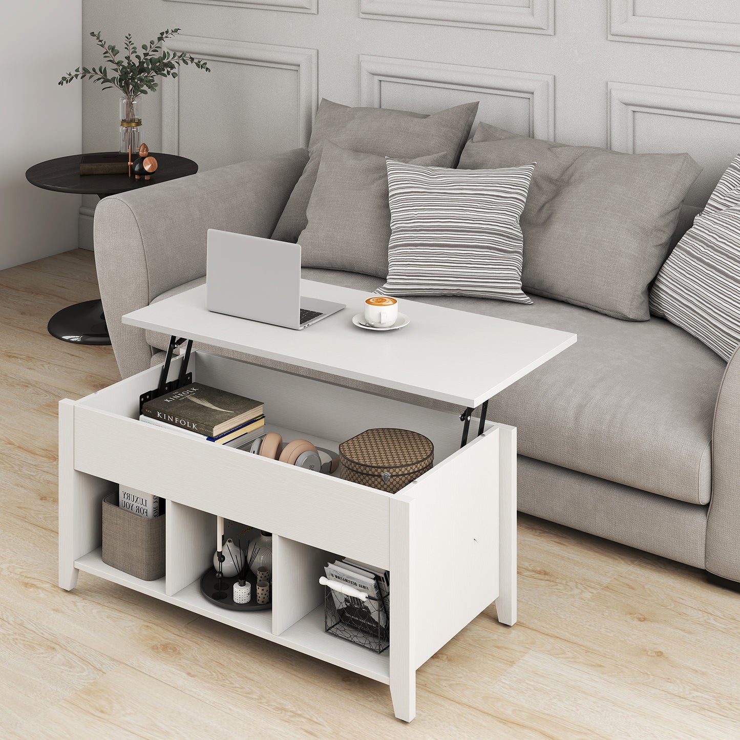 Rising Center Table with Lift Top Hidden Compartment-Off White