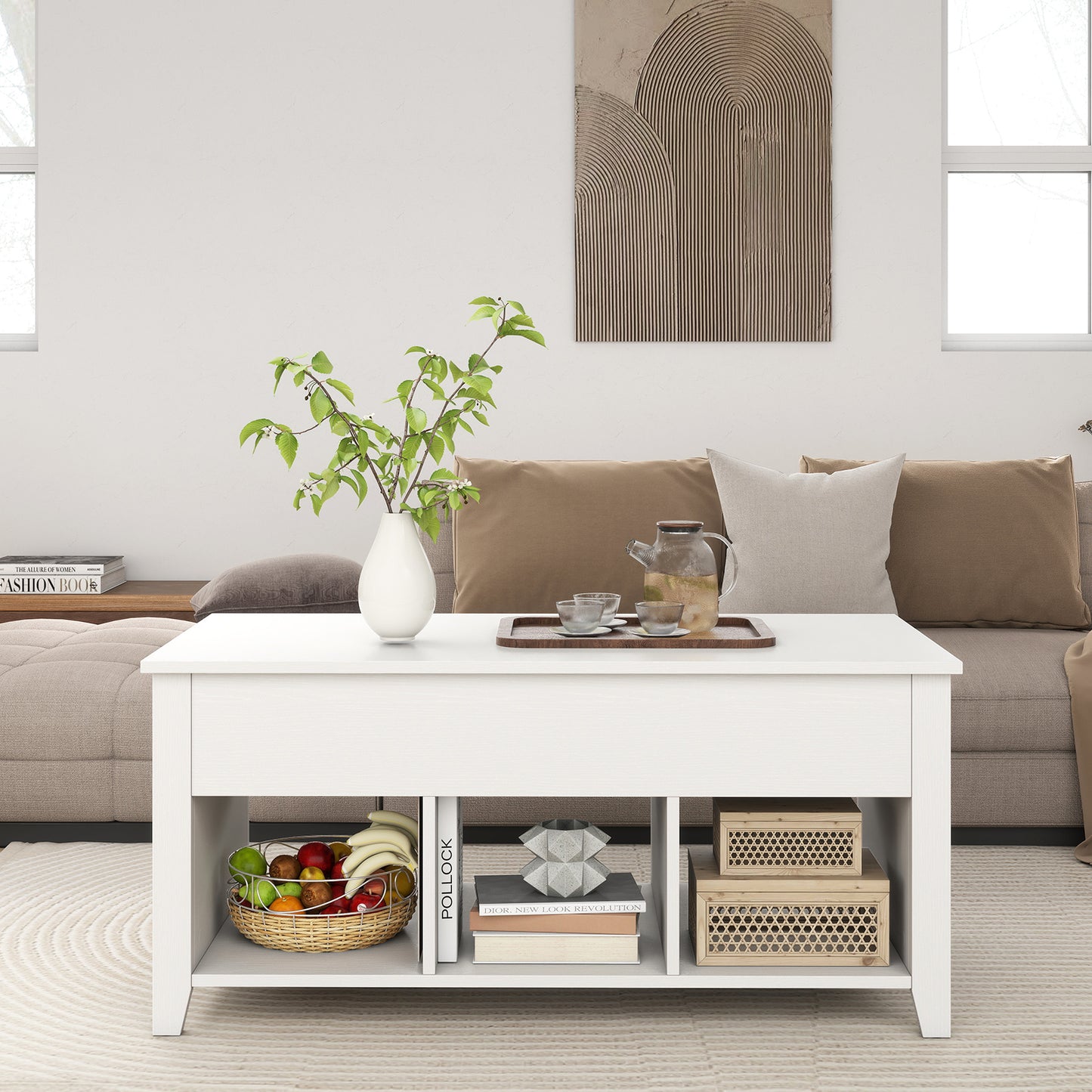 Rising Center Table with Lift Top Hidden Compartment-Off White