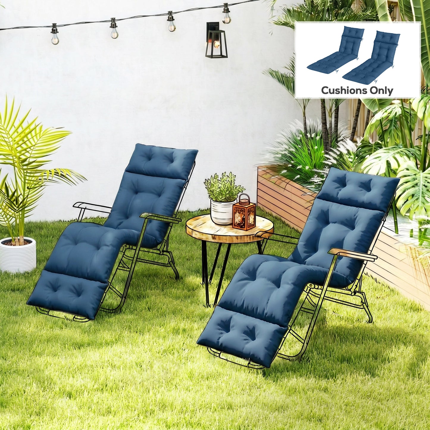 Outsunny Set of Two 190 x 56cm Sun Lounger Cushions - Navy Blue