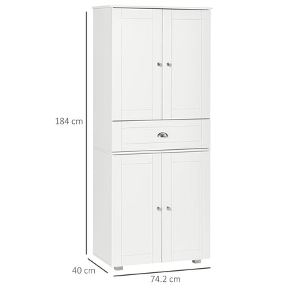HOMCOM 184cm Tall Kitchen Cupboard, Freestanding Kitchen Pantry Storage Cabinet with 4 Doors, 3 Adjustable Shelves, Drawer, Anti-tipping Device, Sideboard Organiser for Dining Room, Living Room, White