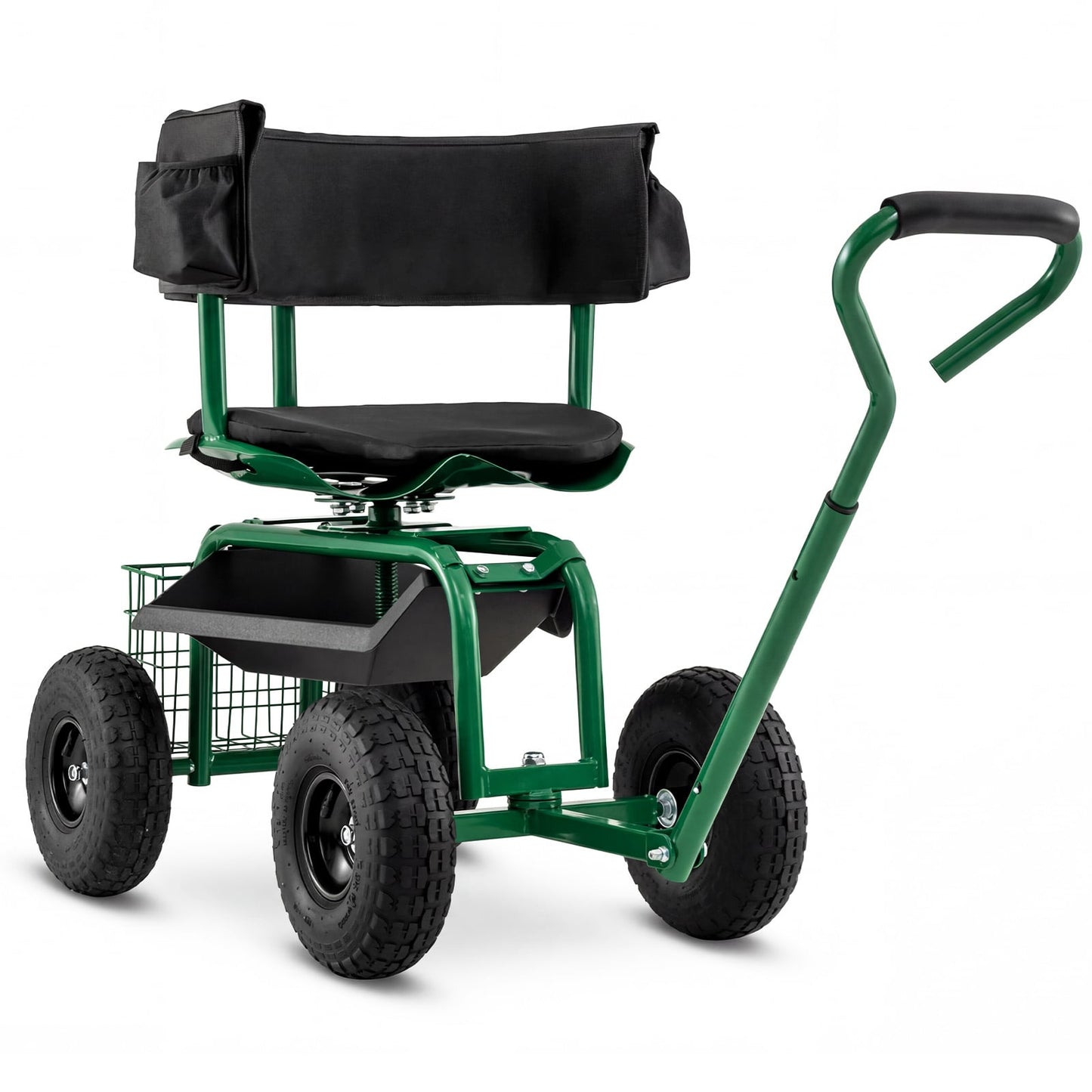 Rolling Garden Work Seat with Wheels Swivel Seat and Extendable Handle-Green