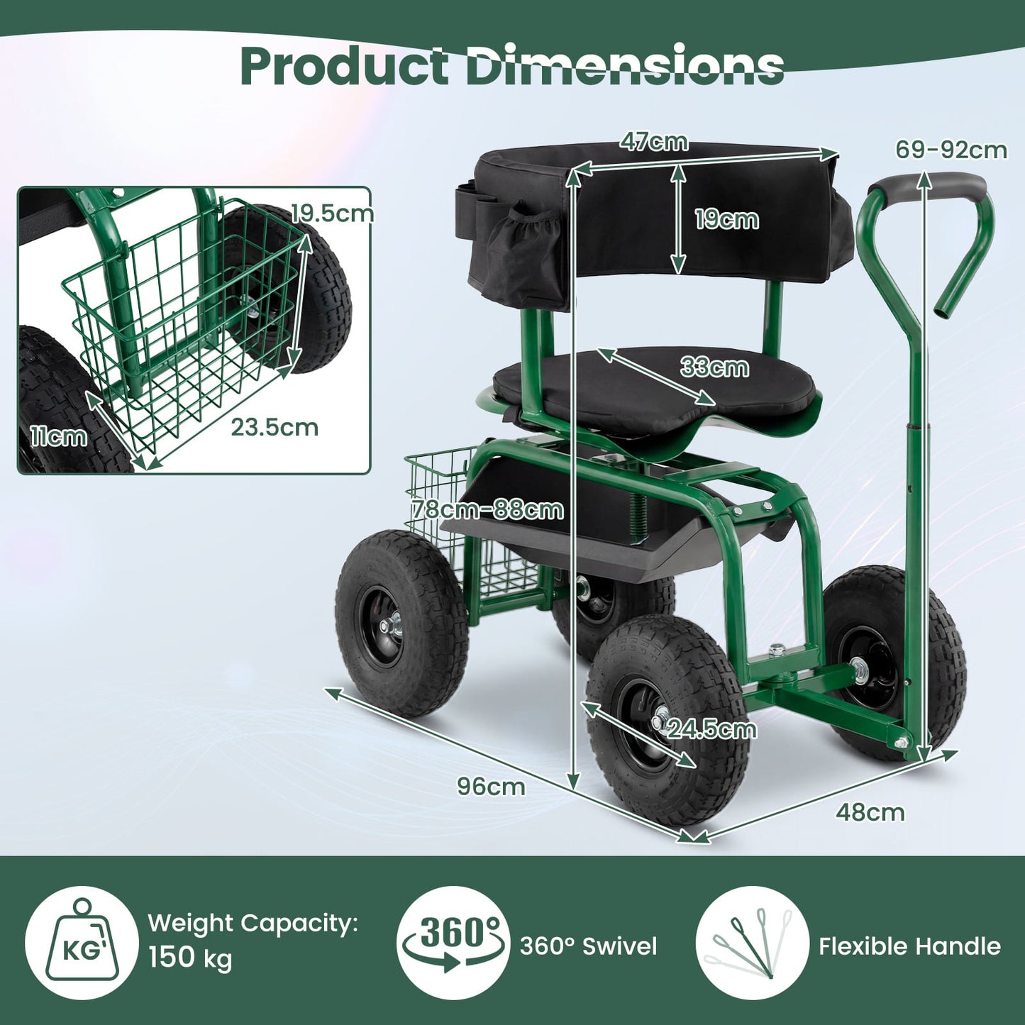 Rolling Garden Work Seat with Wheels Swivel Seat and Extendable Handle-Green