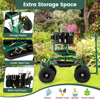 Rolling Garden Work Seat with Wheels Swivel Seat and Extendable Handle-Green