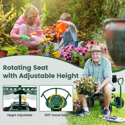 Rolling Garden Work Seat with Wheels Swivel Seat and Extendable Handle-Green