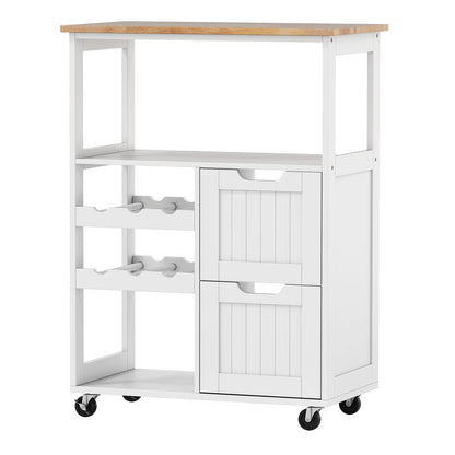 Rolling Kitchen Island Cart Solid Rubber Wood Top Serving Trolley with 2-Tier Wine Rack-White