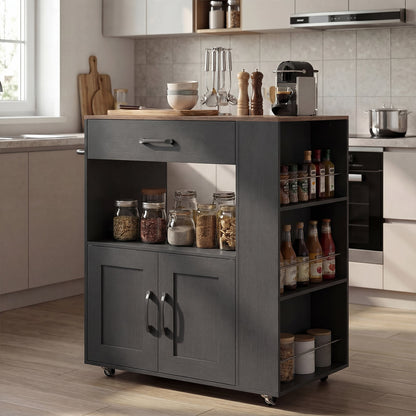 Rolling Kitchen Island with Built-in Charging Station and Lockable Wheels-Black