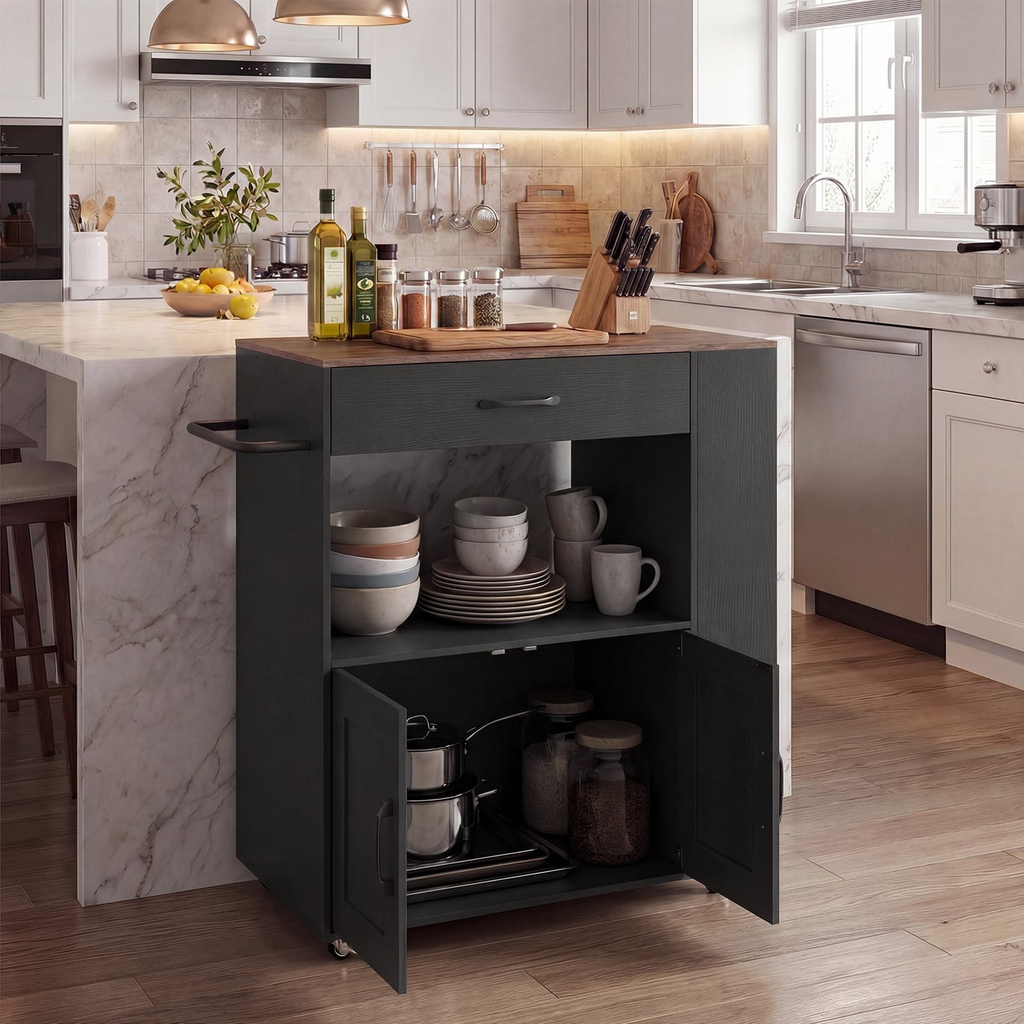 Rolling Kitchen Island with Built-in Charging Station and Lockable Wheels-Black