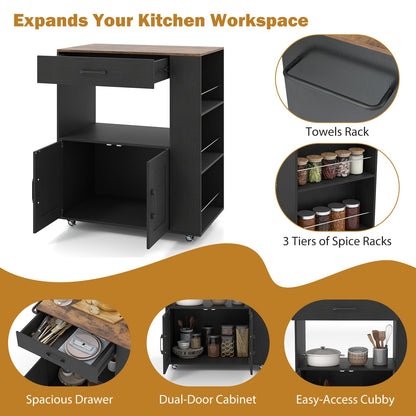 Rolling Kitchen Island with Built-in Charging Station and Lockable Wheels-Black