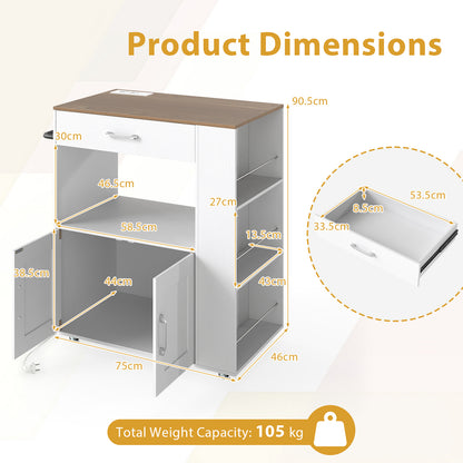 Rolling Kitchen Island with Built-in Charging Station and Lockable Wheels-Natural & White