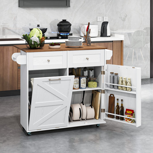Rolling Kitchen Island with Drop Leaf Kitchen Cart with Tilt Out Trash Can Cabinet-White