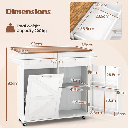 Rolling Kitchen Island with Drop Leaf Kitchen Cart with Tilt Out Trash Can Cabinet-White